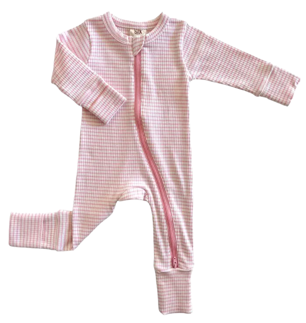 Organic zip footie - Pink/White stripes