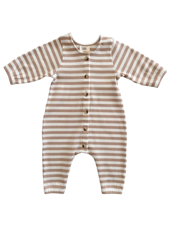 Tan stripe organic ribbed long sleeve bay jumpsuit