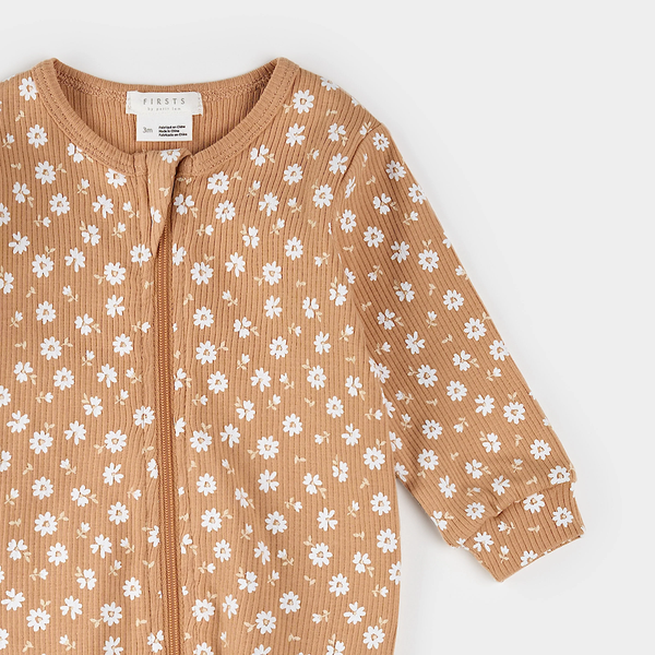 Floral Print on Rosy Mango Ribbed Sleeper