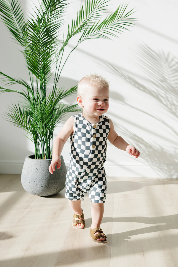 Charcoal wavy checkered short romper