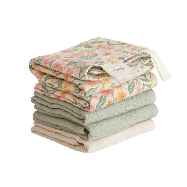 Muslin Cotton Washcloth 5-Pack - Pastel bloom