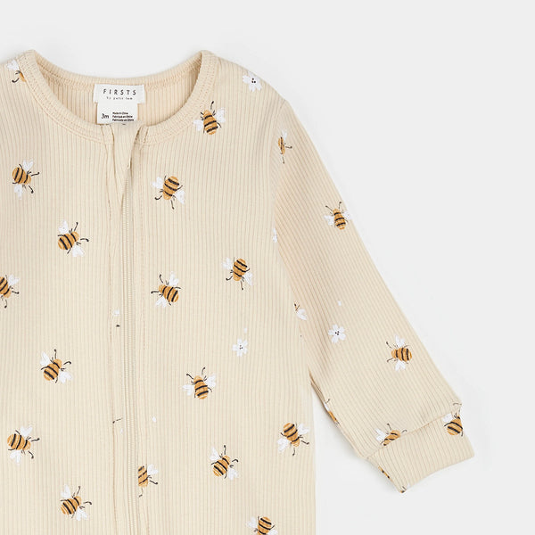 Bees Print on Ivory Ribbed Sleeper