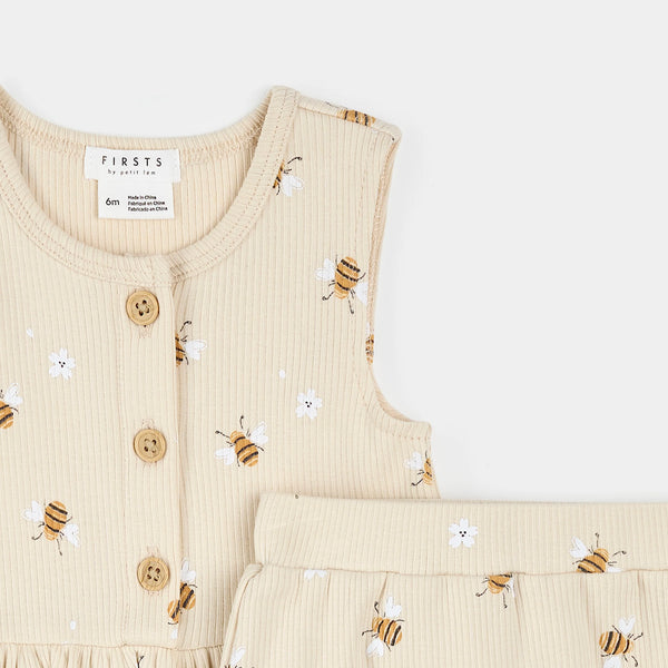 Bees Print on Ivory Ribbed Short Set