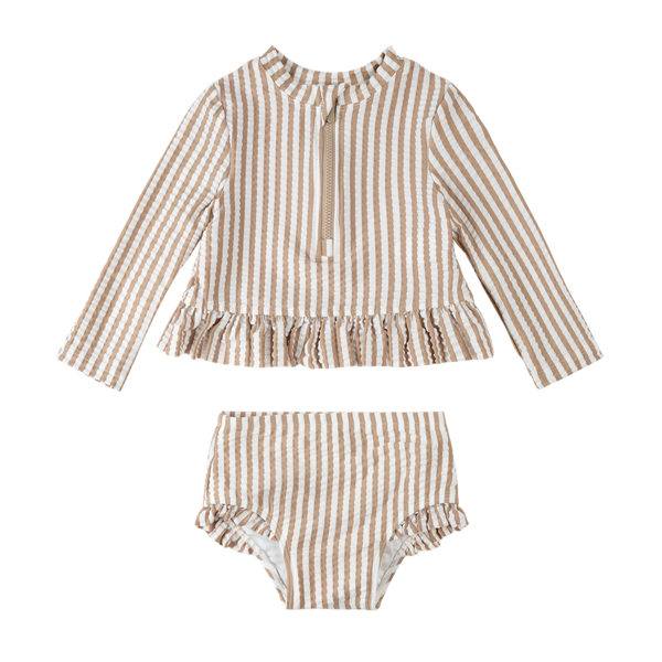 Taupe Stripe Seersucker Long-Sleeve Rashguard Set