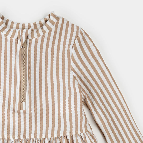 Ensemble maillot dermoprotecteur à manches longues en seersucker à rayures taupe