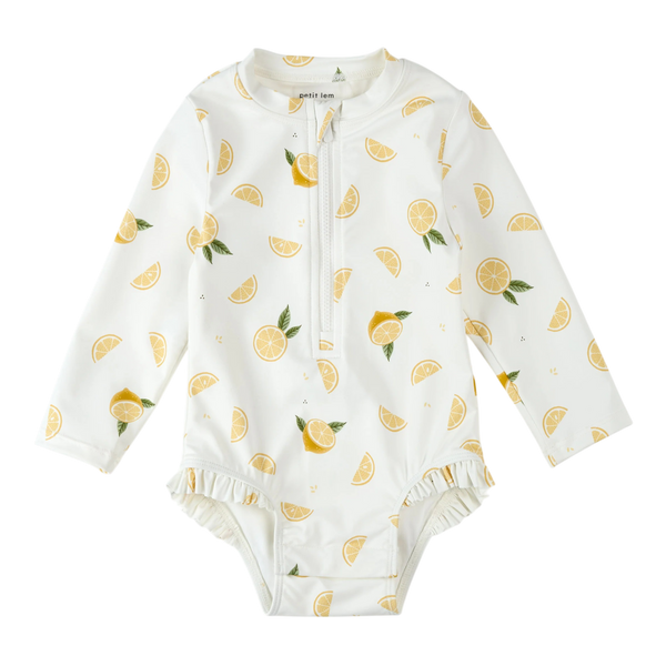 Lemon Print on Off-White Long-Sleeve One-Piece Swimsuit