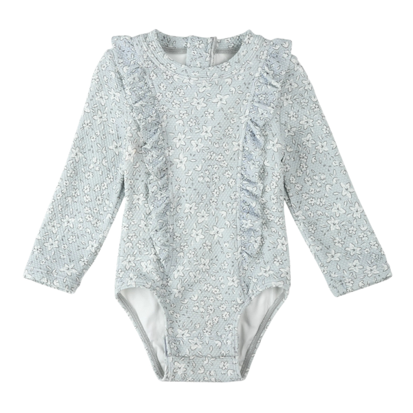 Vintage Flowers Print on Powder Blue Long-Sleeve One-Piece Swimsuit