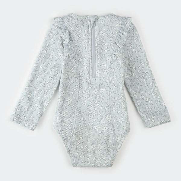 Maillot de bain une-pièce à manches longues bleu poudre à imprimé fleurs rétro