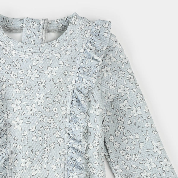 Maillot de bain une-pièce à manches longues bleu poudre à imprimé fleurs rétro