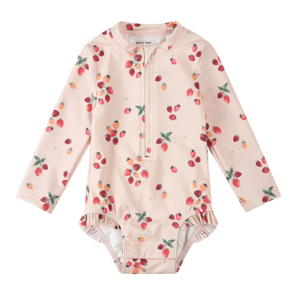 Strawberries on Light Pink Long-Sleeve One-Piece Swimsuit