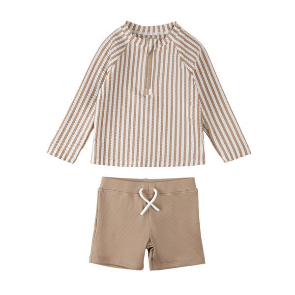 Seersucker Taupe Stripe & Sand Baby Rashguard Set
