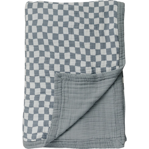 Dusty blue checkered twin muslin quilt