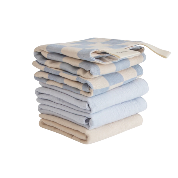 Muslin Cotton Washcloth 5-Pack - Blue check combo