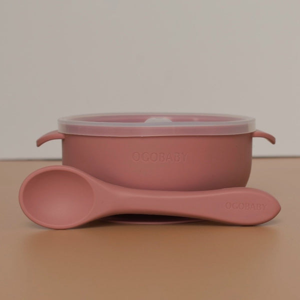 Silicone suction bowl and spoon - Old pink 